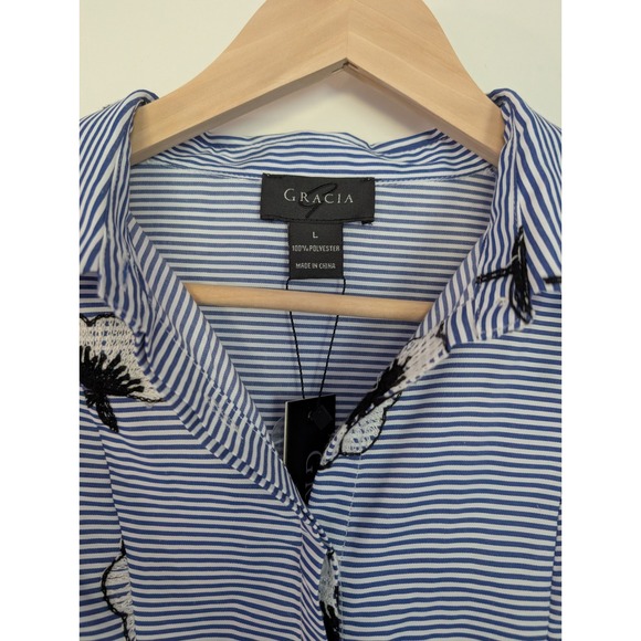 GRACIA Blue Stripe Floral Ruffle Sleeve Asymmetrical Shirt L Bold Statement Glam - Picture 3 of 11